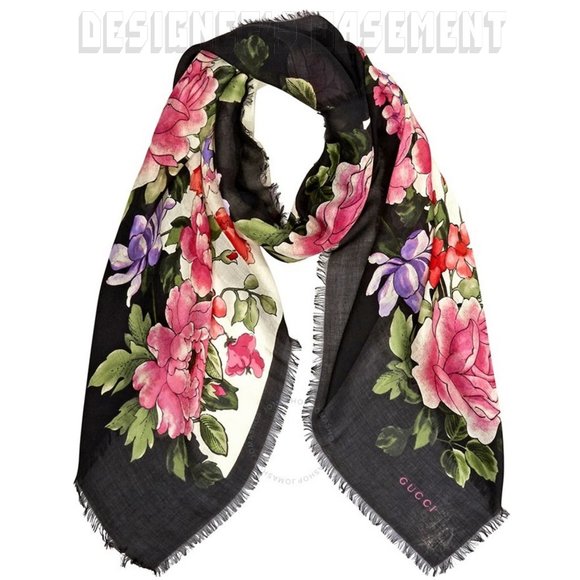GUCCI ivory Interlocking G black border RISING FLOWERS 55" modal/silk pashmina🎁 - Picture 5 of 6